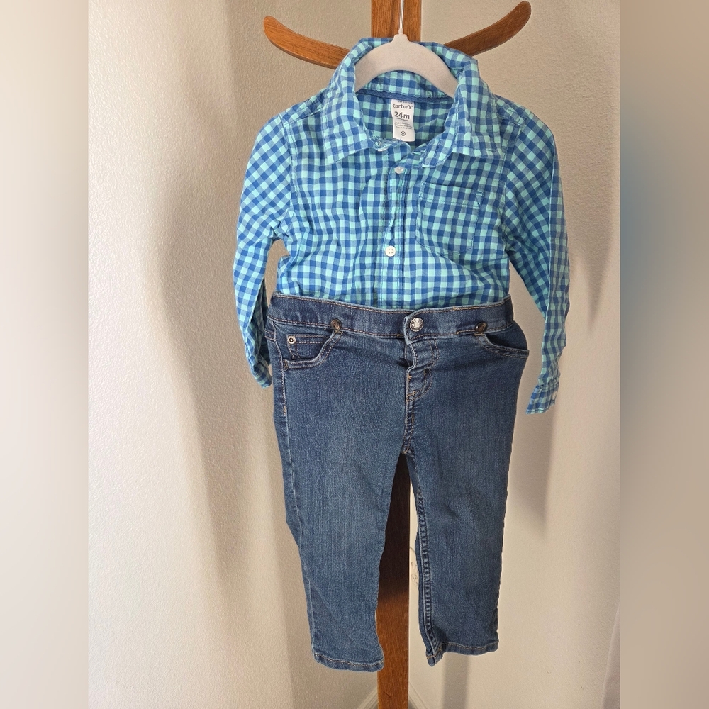 Blue Gingham Shirt and Denim Jeans Set